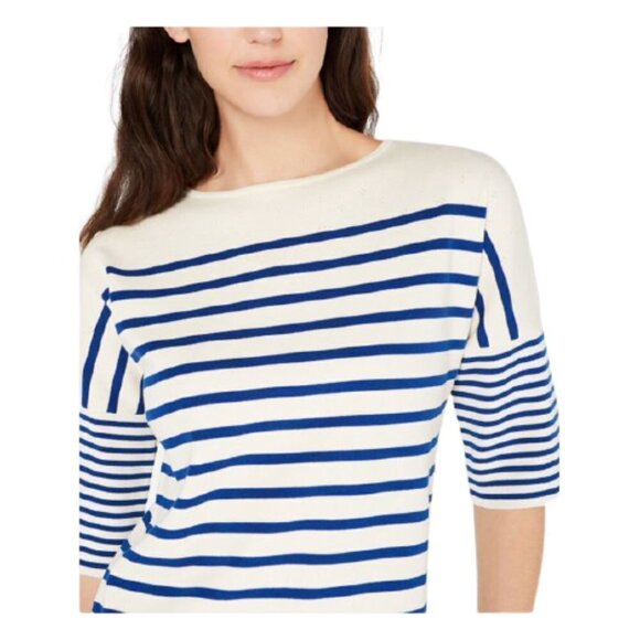 Anne Klein Striped Sweater | Ivory / Cream Blue | Size S - Picture 2 of 11